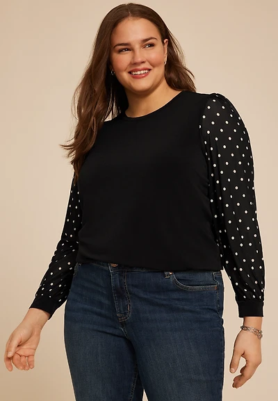Plus Black Polka Dot Mesh Puff Sleeves Top