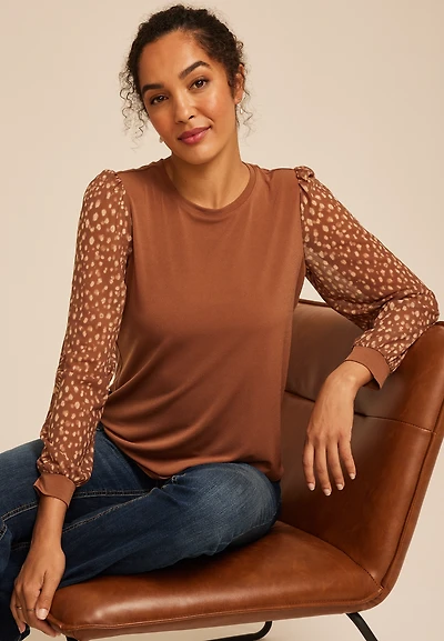 Brown Printed Mesh Puff Sleeves Top
