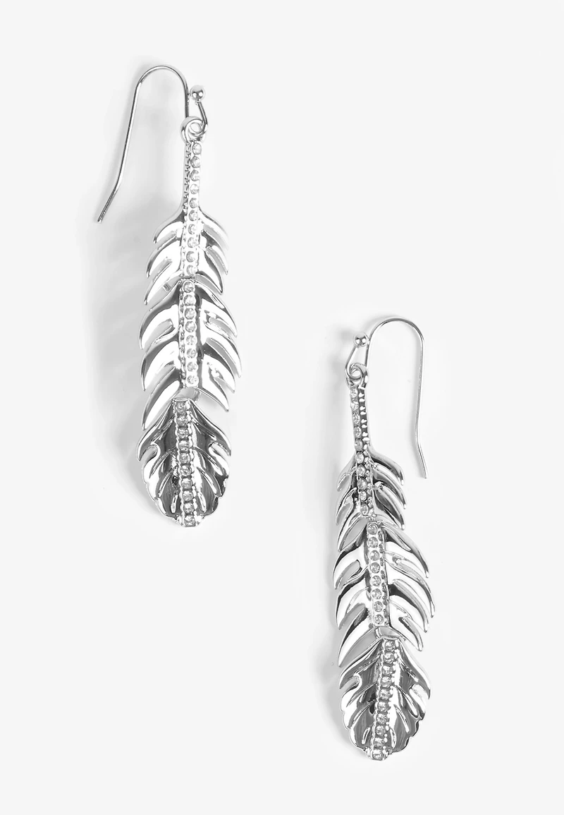 Silver Rhinestone Feather Drop Earrings