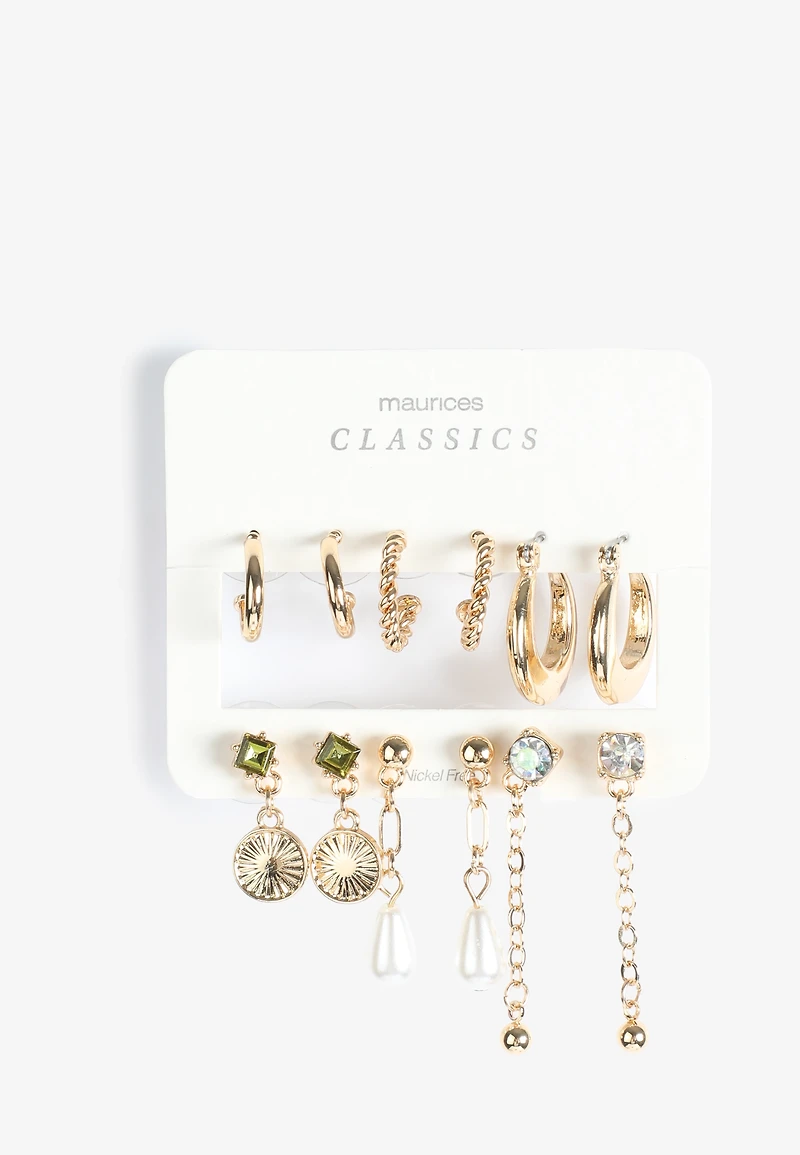 6 Pack Gold And Stone Earring Set 