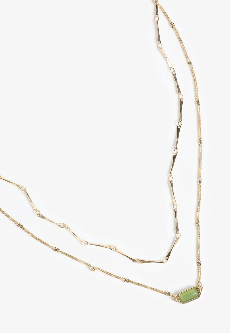 Gold Faux Olivine Stone Layered Necklace