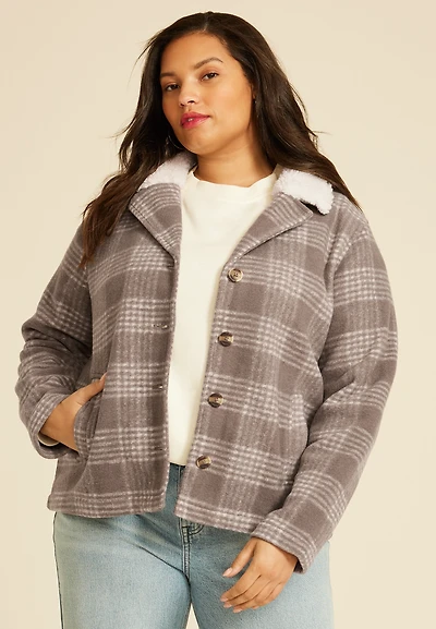 Plus Plaid Sherpa Collar Jacket