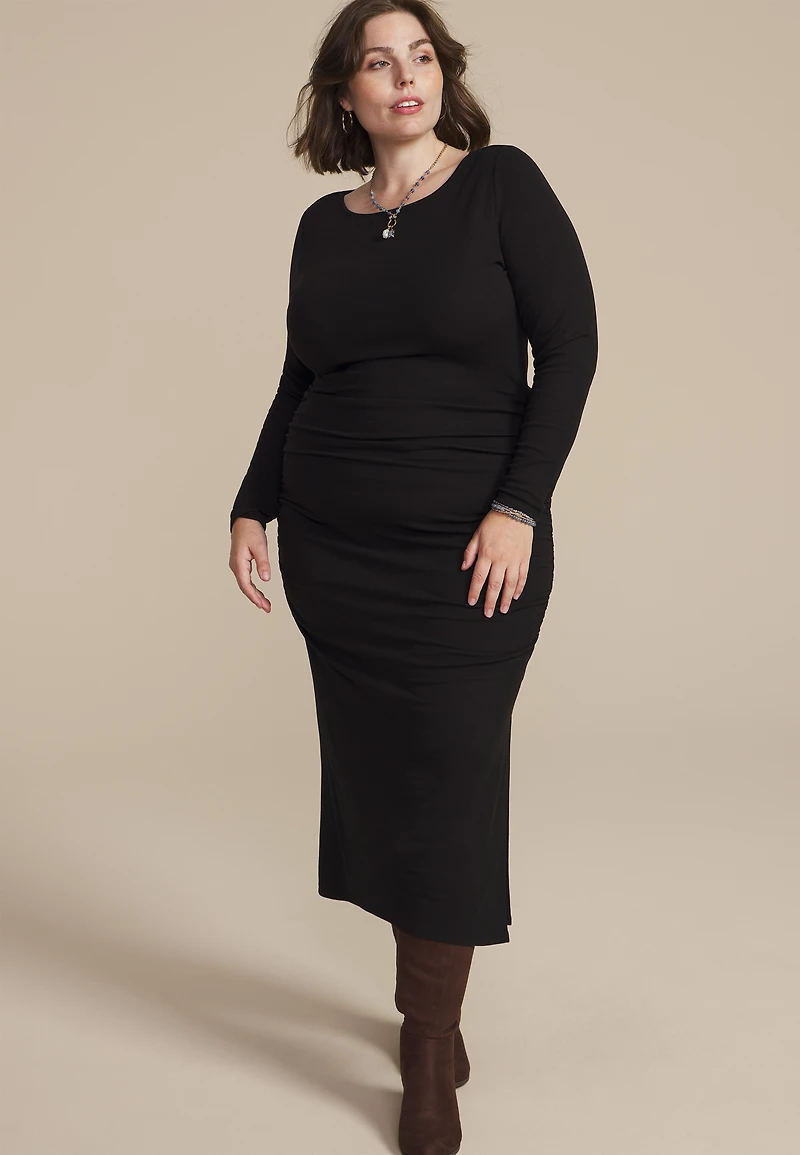 Plus Ruched Long Sleeve Midi Dress