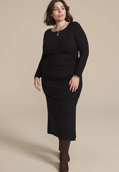 Plus Ruched Long Sleeve Midi Dress