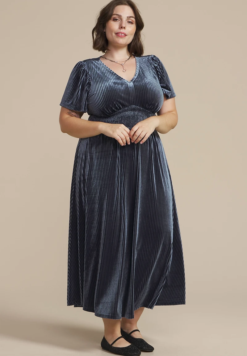 Plus Blue Ribbed Velvet Smocked Midi Dress