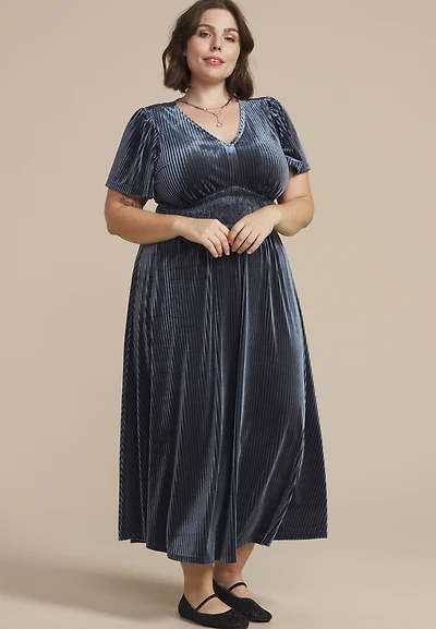 Plus Blue Ribbed Velvet Smocked Midi Dress
