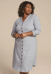 Plus Ribbed Knit Button Front Midi Dress