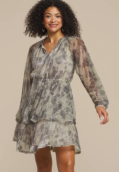 Metallic Floral Tiered Mini Dress