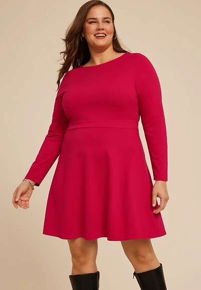 Plus Red Ponte Long Sleeve Mini Dress