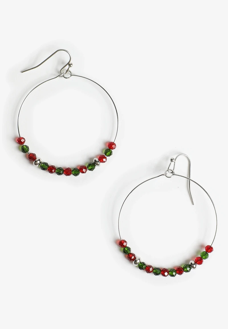 Red And Green Beaded Hoop Earrings