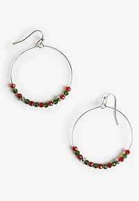 Red And Green Beaded Hoop Earrings