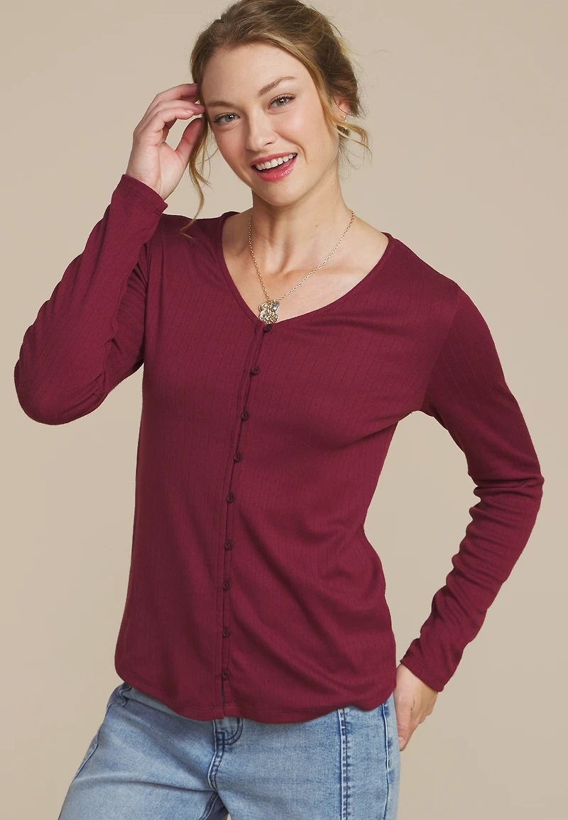 Pointelle Button Front V Neck Top