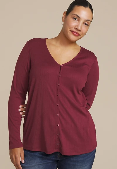Plus Pointelle Button Front V Neck Top