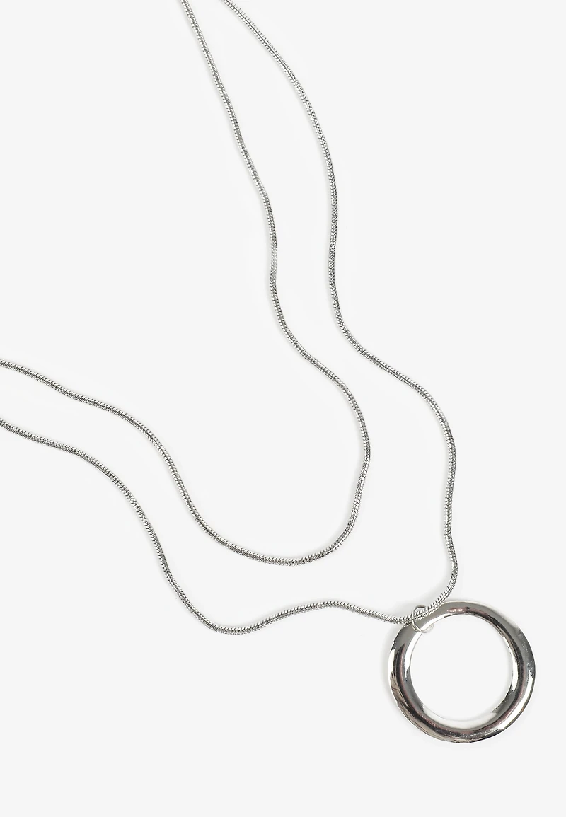Silver Open Circle Pendant Layered Necklace