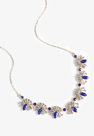 Gold Blue Gem and Crystal Necklace