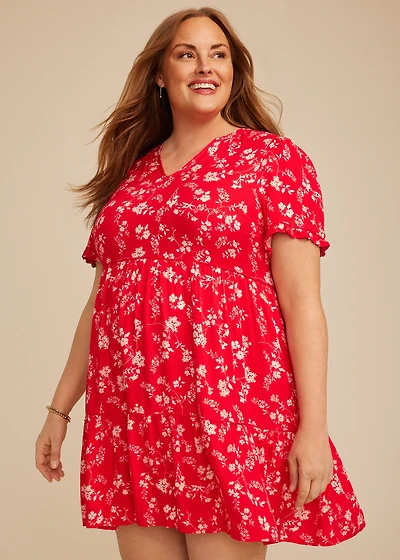 Plus Red Floral Tiered Mini Dress