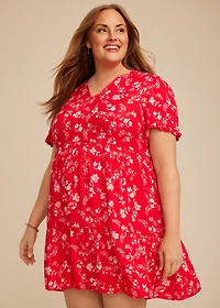 Plus Red Floral Tiered Mini Dress