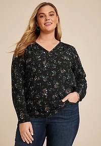 Plus Floral Pleated V Neck Button Front Blouse