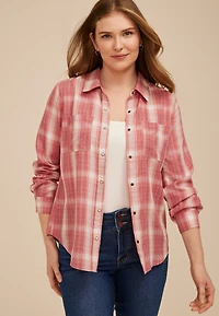 Washed Red Plaid Button Down Shirt