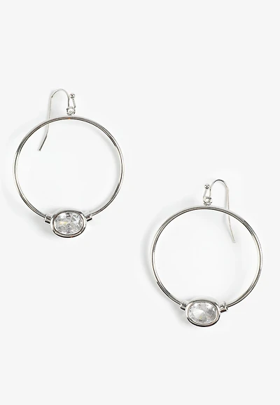 Silver Oval Stone Hoop Earrings