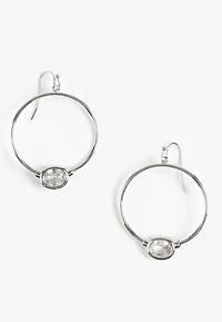 Silver Oval Stone Hoop Earrings