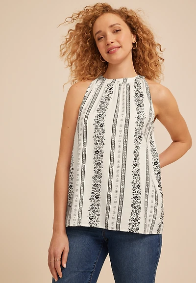 Floral Stripe Halter Neck Tank Top
