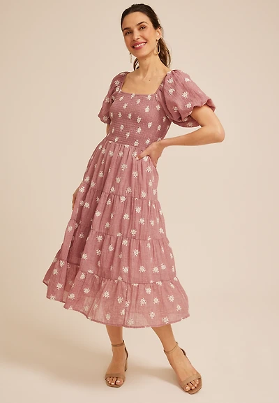Embroidered Floral Smocked Bubble Sleeve Midi Dress