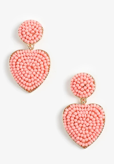 Pink Beaded Heart Drop Earrings
