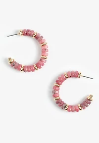 Gold and Pink Beaded Hoop Earrings