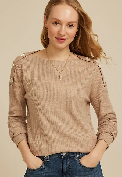 Ribbed Button Shoulder Long Sleeve Top