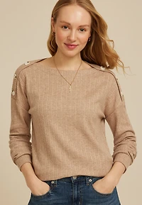 Ribbed Button Shoulder Long Sleeve Top