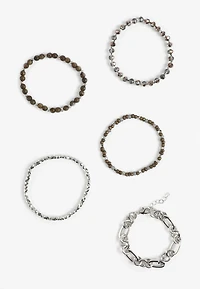 Mixed Beaded Stretch And Silver Link Bracelet Set