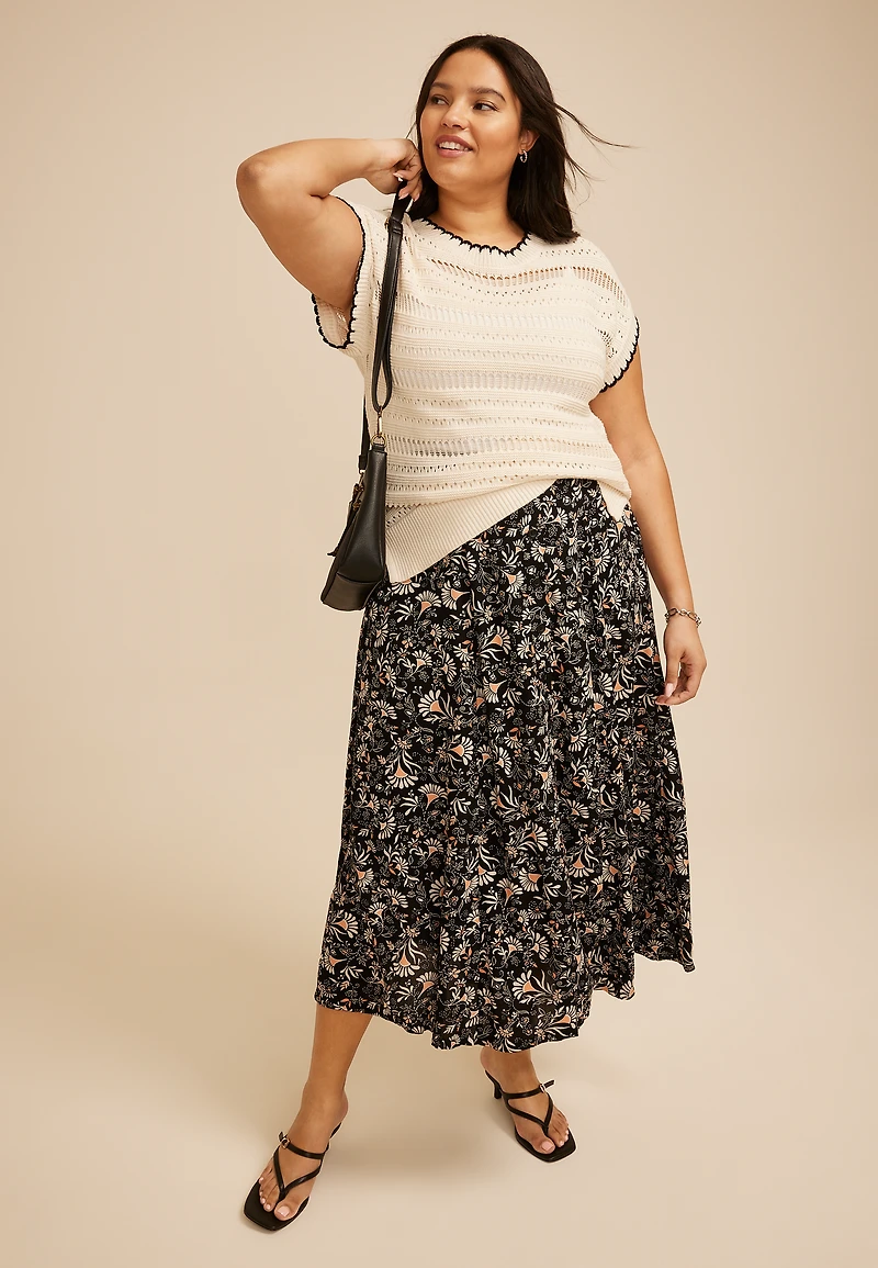 Plus Floral Button Front Maxi Skirt