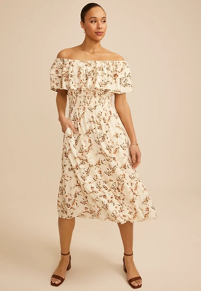 Off Shoulder Floral Midi Dress