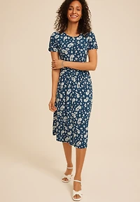 24/7 Floral Ruched Waist Midi Dress