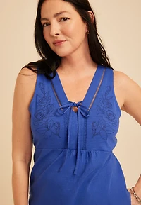 Floral Embroidered Tie Front Tank Top