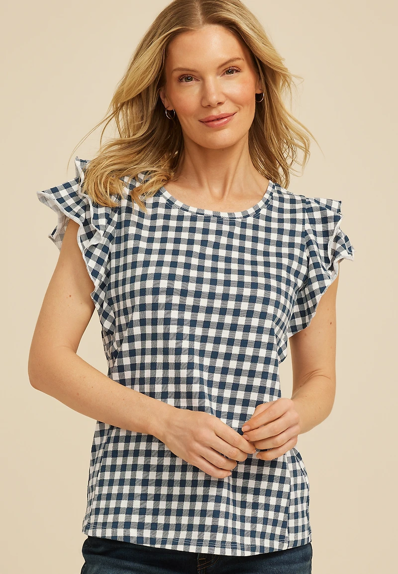 24/7 Gingham Double Flutter Sleeve Tee