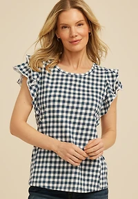 24/7 Gingham Double Flutter Sleeve Tee