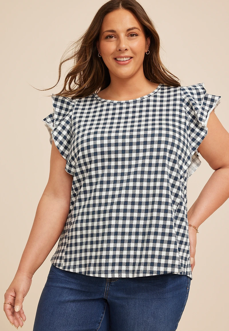 Plus 24/7 Gingham Double Flutter Sleeve Tee