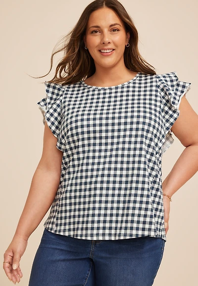 Plus 24/7 Gingham Double Flutter Sleeve Tee
