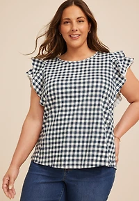 Plus 24/7 Gingham Double Flutter Sleeve Tee