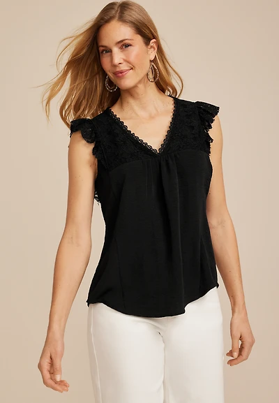 Black Lace Flutter Sleeve Blouse