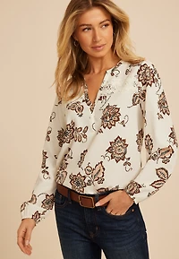 Floral V Neck Crochet Trim Blouse