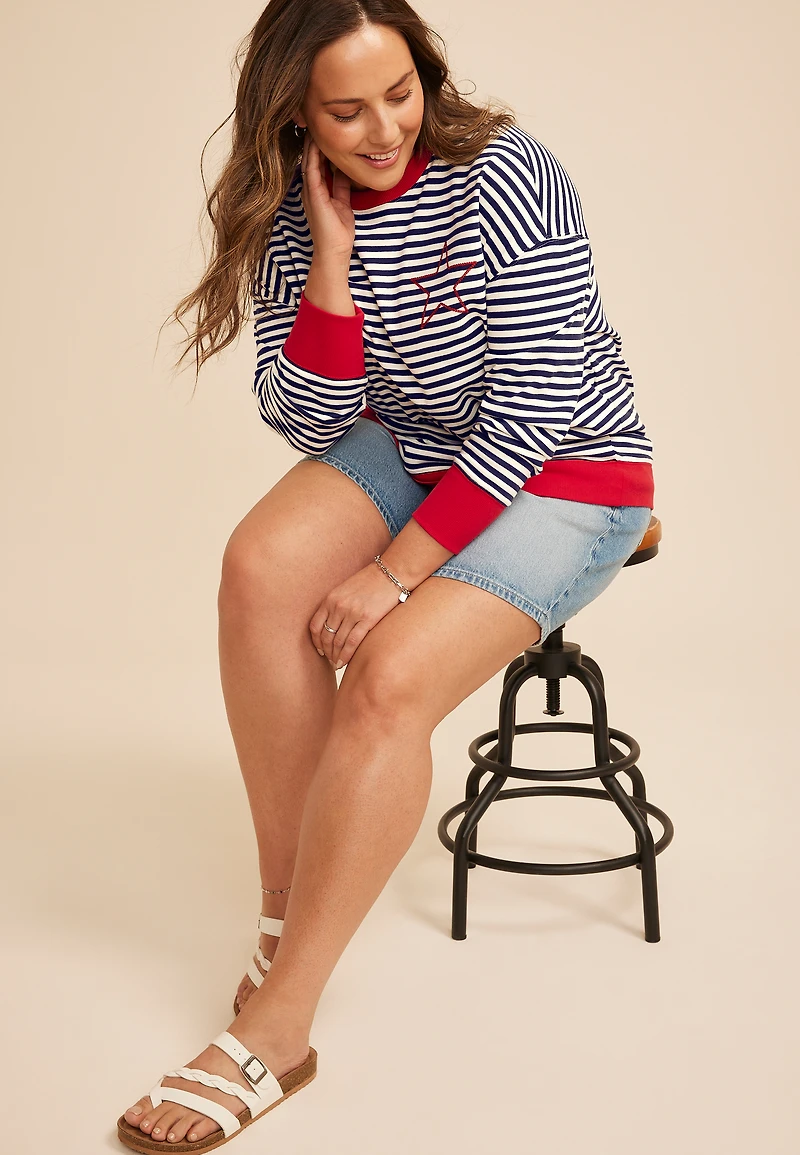 Plus Striped Americana Embroidered Star Sweatshirt