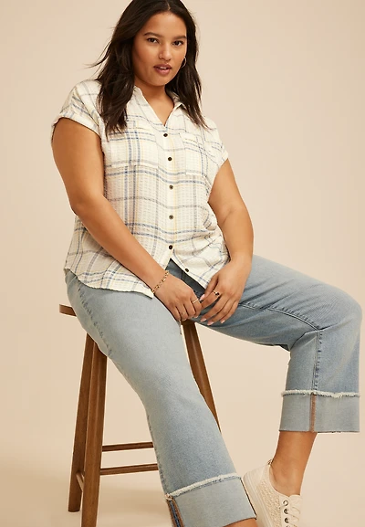 Plus Pucker Plaid Dolman Button Down Shirt