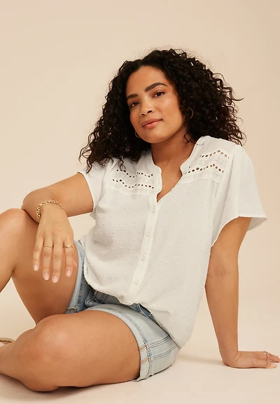 Plus Clip Dot Lace Eyelet Trim Button Down Top