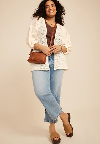 Plus Crochet Blouson Sleeve Open Front Cardigan