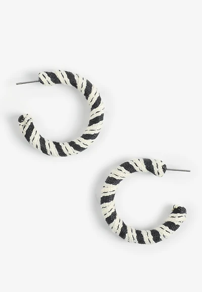 Navy And White Fabric Wrapped Hoop Earrings