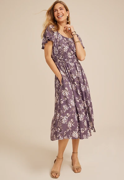 Floral  Flutter Sleeve Pocket Midi Dress