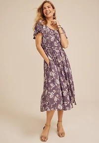 Floral  Flutter Sleeve Pocket Midi Dress